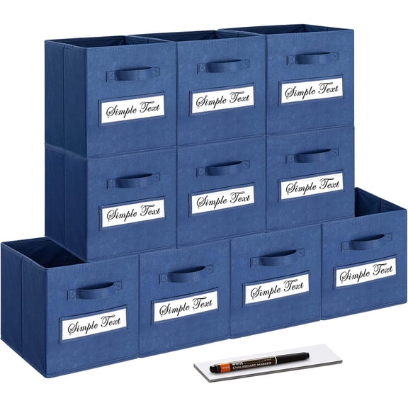 11 Inch Foldable Fabric Storage Cube Set (10 pcs) with Labels and Pen, Navy Blue