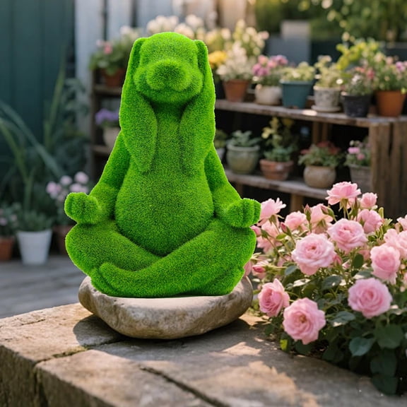 11 Inch Green Flocked Resin Rabbit Garden Statue, Spring Whimsy for Patio, Lawn & Holiday Décor, Zen Yoga Rabbit Figurine Buddha Animal Sculpture, Garden Easter Gift
