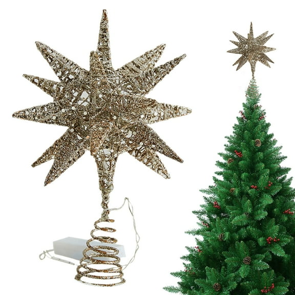 11 Inch LED Multidimensional Metal Star Tree Topper with Glitter,Tree Toppers,Christmas Star Tree Topper,Rustic Tree Toppers Christmas Decorations,Battery Powered Xmas Treetop Star Decor(Champagne)
