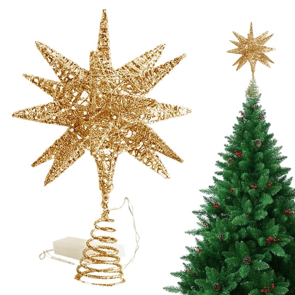 11 Inch LED Multidimensional Metal Star Tree Topper with Glitter,Tree Toppers,Christmas Star Tree Topper,Rustic Tree Toppers Christmas Decorations,Battery Powered Xmas Treetop Star Decor(Gold)