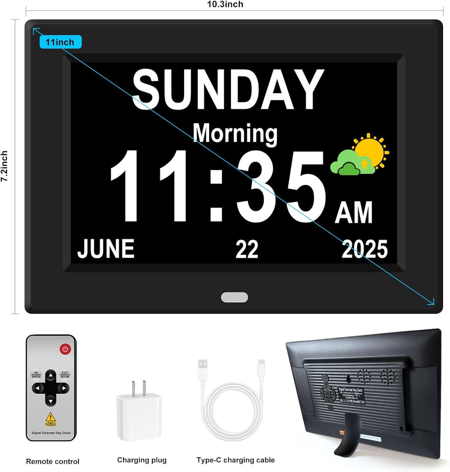 11 Inch Large Display Digital Alarm Clock for Seniors with Date Day Calendar 12 Alarms Auto Dimmer Remote Control Desk Clock