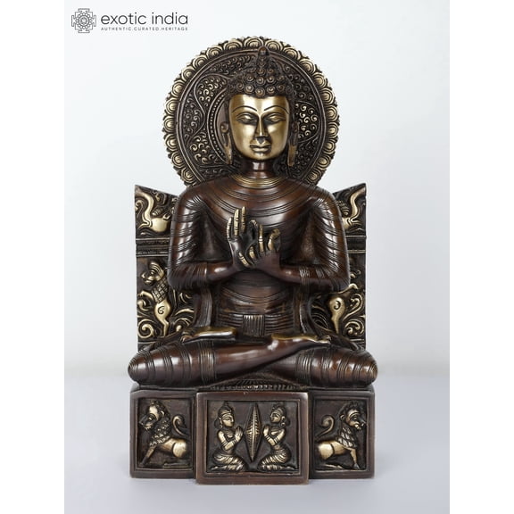 11 Inch Lord Buddha Brass Statue Seated in Dharmachakra Mudra - Wheel Teachings