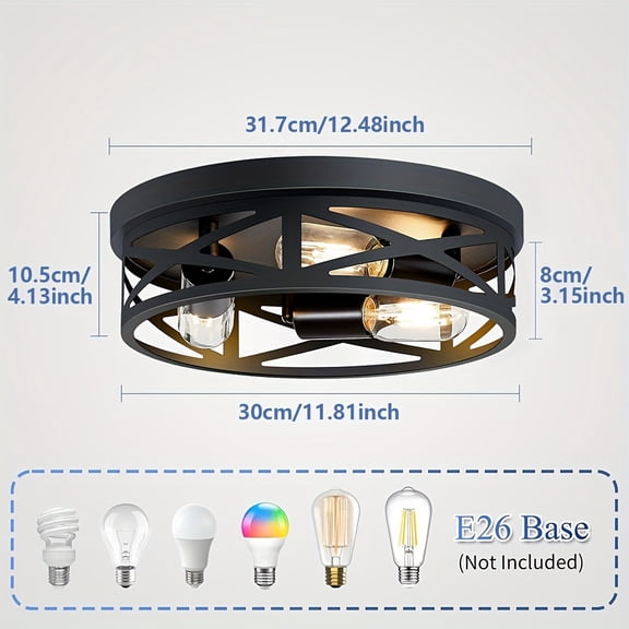 11 Inch Metal Black Cage Farmhouse Flush Mount Ceiling Light | Industrial Close To Ceiling Light, Rustic Style, IP44, Suitable for Hallway, Kitchen, Bedroom, Entryway, Semi Flush Mount, E26 Bulb Base