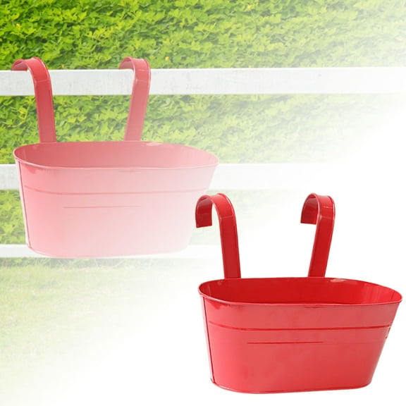 11 Inch Metal Hanging Flower Pots for Fence - Rustic Iron Railing Oval Planter with Detachable Hooks | Outdoor Privacy Screen Planter for Balcony, Garden & Window Decor