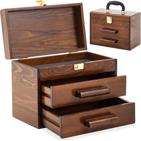 11 Inch Mini Wooden Tool Box with 2 Drawers and Top Storage, Portable Small Tool Chest with PVC Liners, Mini Tool Storage Box Organizer Makeup Box with Metal Latch Closure