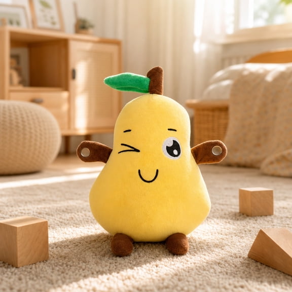 11 Inch Musical Pear Fruit Plush Toy, Touch Activated Soft Stuffed Animal with 8 Gentle Melodies, Interactive Sensory Cuddle Buddy for Toddlers Easter Basket Stuffer