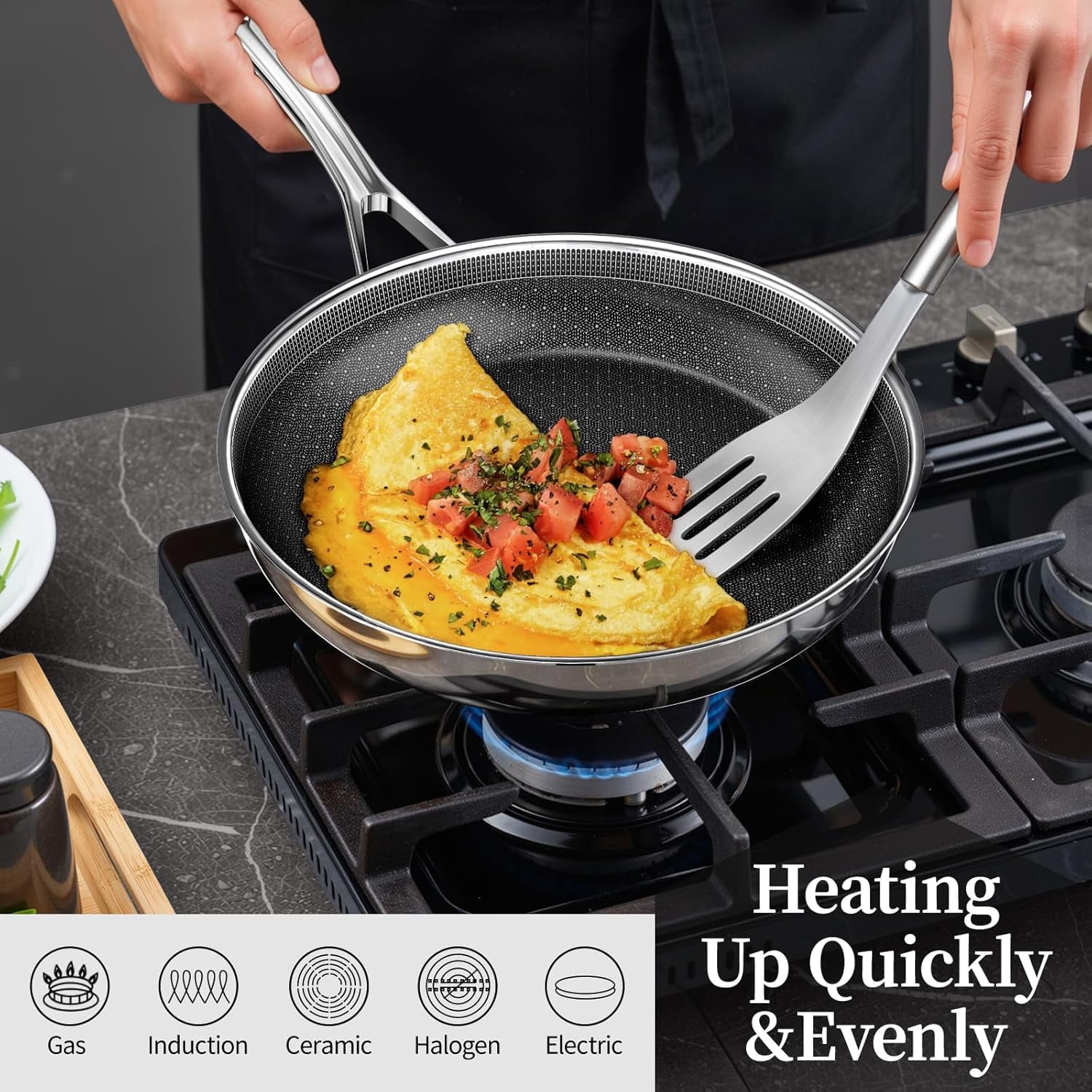 11 Inch Non Stick Frying Pan Stainless Steel Ceramic Skillet PFAS  Induction Compatible