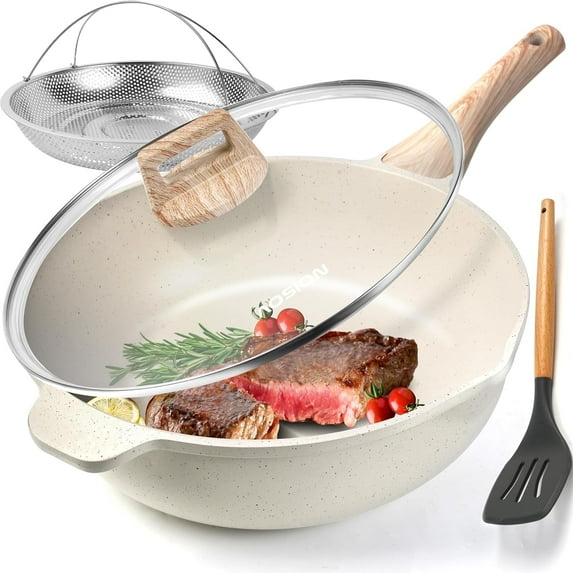 11 Inch Nonstick Ceramic Deep Frying Pan Skille with Lid,5QT Sauté Pan for Cooking with Steam Rack,Healthy Large Skillet,Stay Cool Handle, Induction Compatible(WHITE)