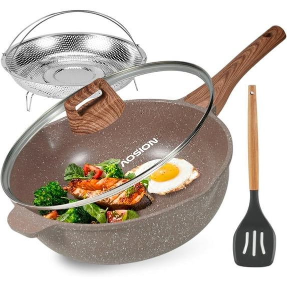 11 Inch Nonstick Ceramic Deep Frying Pan Skille with Lid,5QT Sauté Pan for Cooking with Steam Rack,Healthy Large Skillet,Stay Cool Handle, Induction Compatible. (BROWN)