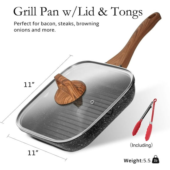 11 Inch Nonstick Grill Pan with Lid, PTFE & PFOA , for Indoor Cooking, Induction Compatible