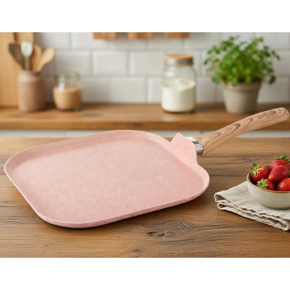 11 Inch Nonstick Square Griddle Pan - Pink Aluminum Stovetop Grill Pan with Wooden Handle