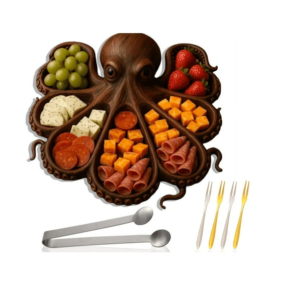 11" Octopus Platter – Wood Charcuterie Tray with Octopus Details – Perfect for Seafood Lovers & Beach Party Gifts