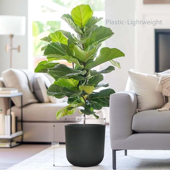 11 Inch Plant Pot, Modern Black Plastic Planter with Drainage Hole & Plug, Lightweight Weather Resistant Cylinder Flower Pot for Indoor Outdoor Use, Matte Black, 11" H x 11.6" Dia