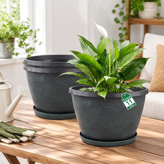 11 Inch Plastic Plant Pot Set of 3 with Leaf Pattern and Drainage for Indoor Outdoor Use