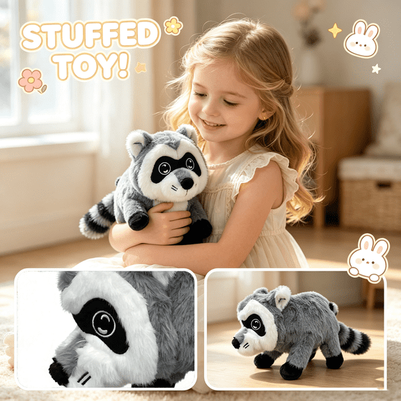 11 Inch Running Jimothy Raccoon Plush Soft Woodland Animal Stuffed Toy with Realistic Mask Face Striped Tail for Bed Sofa Shelf Room Decor Gift