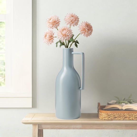 11 Inch Slate Blue Ceramic Vase with Handle - Mid Decor Accent Centerpiece for Living Room Bedroom Entryway Wedding Gift