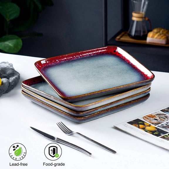 11 Inch Square Ceramic Dinner Plates Set of 4 - Reactive Glaze Red