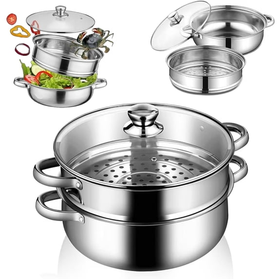 Multipurpose 11-Inch 2-Tier Stainless Steel Steamer Pot with Lid for Cooking Vegetables, Dumplings, Stocks, Sauces, Food Cooker Pot Dim Sum Cookware Steamer