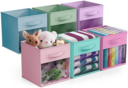 11 Inch Storage Bins with Clear Window - 6 Foldable Baskets for Organizing Clothes, Toys, Books - Sturdy Collapsible Fabric Storage Cubes with Handle - Storage Baskets for Shelves, Closets
