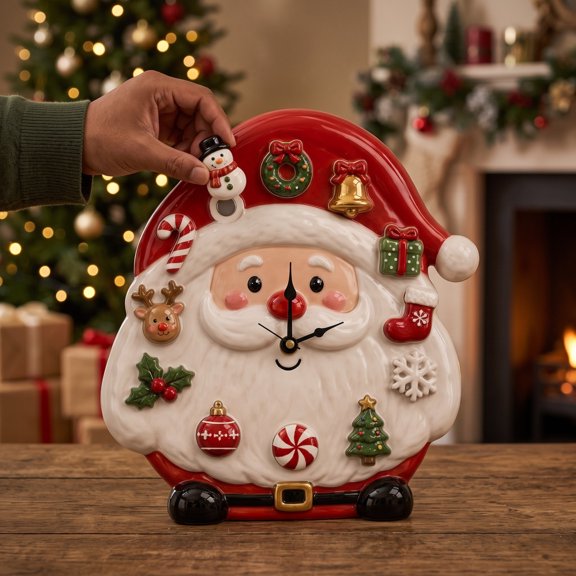 11 Inch Unique Shaped Christmas Resin Clock,Silent Quartz Decorative Clock,Dual‑Use Fridge Magnet & Tabletop Festive Ornament,Santa Claus Figurine,Holiday Home Office Xmas Decor Gift