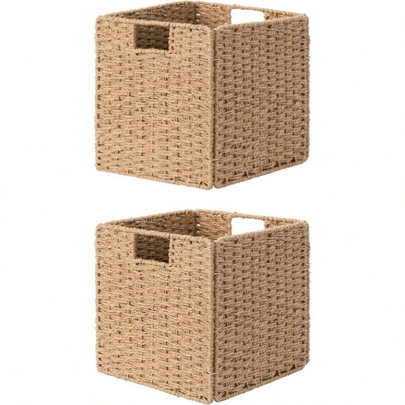 11 Inch Wicker Baskets Handwoven Storage Cubes With Handles Foldable Paper Rope Basket For Organizing Natural 2 Pack