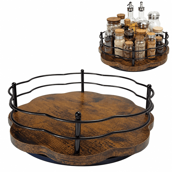 11 Inch Wooden Lazy Susan Turntable Organizer, Higher Metal Sides Lazy Susan Spice Rack, 360 Rotating Lazy Susan for Table Top, Dining Table, Cabinet, Countertop and Coffee Bar Decor