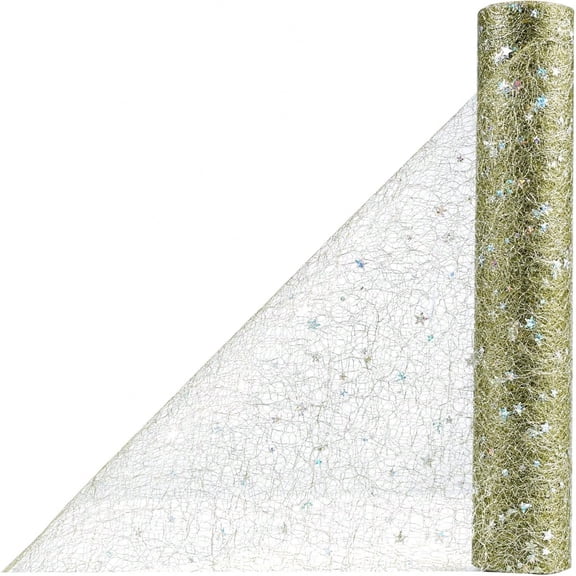 11 Inch x 33 Ft Star and Moon Sequin Mesh Table Runner Roll, Sheer Net Fabric Decorative Table Centerpiece, Cuttable Glitter Table Runner for Wedding, Baby Shower, Birthday Party Decor