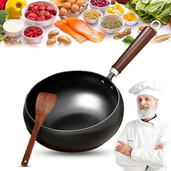 11'' Japanese Cast Iron Pot, Uncoated Thick Iron Pot, Non-Stick Carbon Steel Wok Pan with Lid, Traditional Japanese Cookware, 99% High Purity Frying Pan for Kitchen (Smooth, 9.5 in)