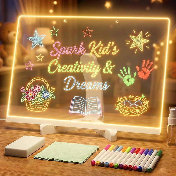 11" LED Glowing Drawing Board with 12 Color Markers, Clear Acrylic Light Up Note Board with Stand, Illuminated Sensory Doodle Pad, Glow Memo Message Board for Home Office & Dorm
