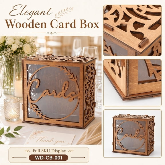 11" Laser Engraved Wooden Wedding Card Box, Decorative Hollow-Cut Gift Card Holder, Rustic Keepsake Box for Weddings, Birthdays & Special Events