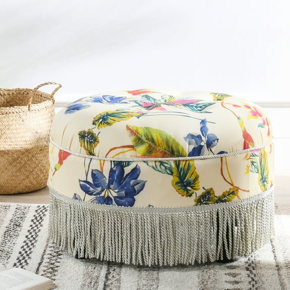 11 - Layer Plywood, Medium Firm Seating - 24" Round Beige Floral Ottoman for Home Comfort
