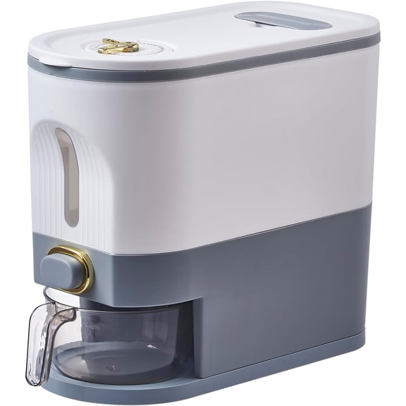 11 Lbs Rice Container, Large Grain Container Storage with Lid Measuring Cylinder Moisture Proof Household Cereal Dispenser Bucket for Kitchen Soybean Corn,White and Grey