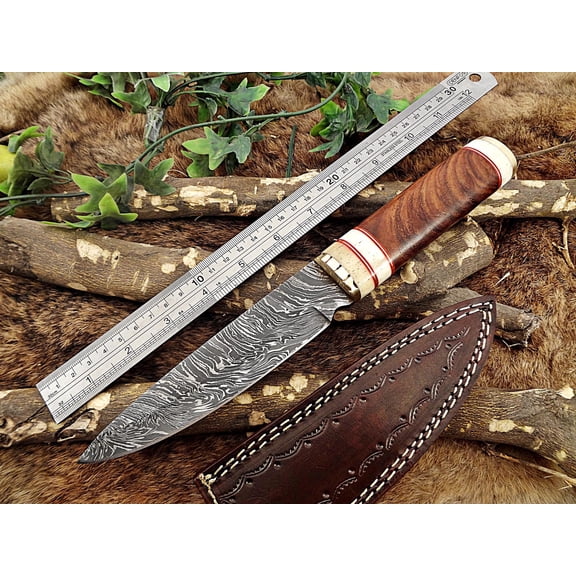 11" Long Damascus steel hunting Knife hand forged Twist pattern, Natural wood with camel bone & brass scale, thick Cow hide leather sheath