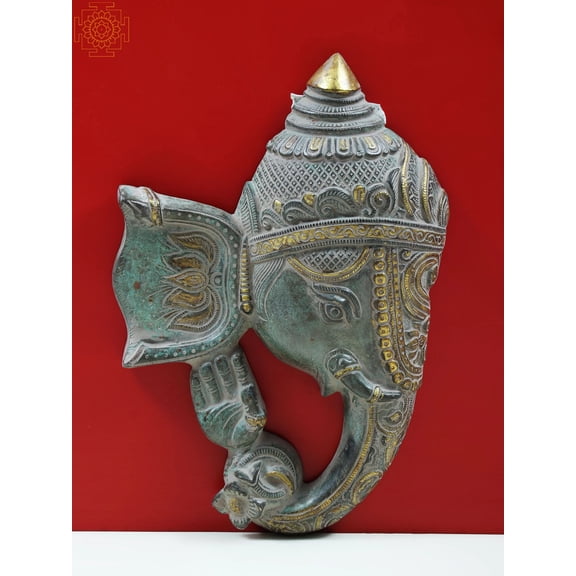 11" Lord Ganesha Face Wall Hanging In Brass