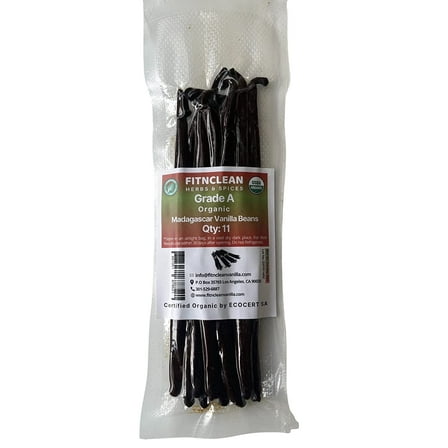 11 Madagascar Organic Vanilla Beans Grade A. Certified USDA Organic. ~6" by FITNCLEAN VANILLA for Cooking, Extract and Baking. Bourbon Fresh Gourmet NON-GMO Whole Pods
