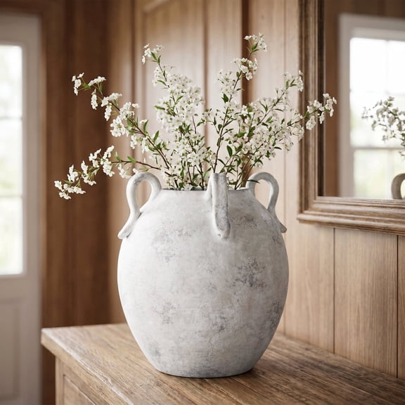 Langford Home 11" Marbled Terracotta Urn Vase with Handles, White