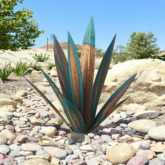 11“ Metal Art Tequila Sculpture Garden Yard Home Decor 9 leaves Large Rustic Sculpture, Agave Plants for Outdoor Patio Yard, Hand Painted Statue, Lawn Ornaments