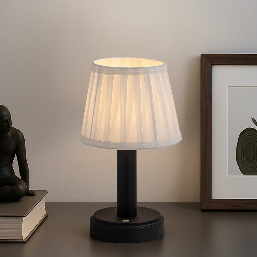 11'' Modern Type-C Rechargeable Cordless LED Table Lamp Industrial Dimmable Touch Control Mini Desk Lamp In Matte Black with Fabric Shade For Bedroom Living Room Study Room