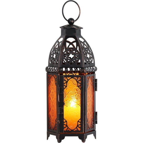 11'' Moroccan Lanterns Decorative Indoor & Outdoor, Vintage Christmas Candle Holder, Metal Lanterns Decorative, Table, Patio, Porch, Shelf, Christmas Spring Halloween Home Decor (Amber)