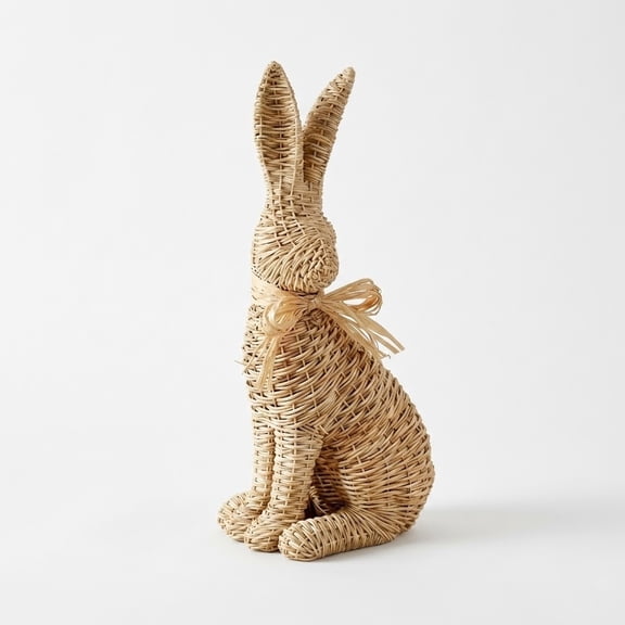 11" Boho Woven Easter Bunny with Bow - Neutral Rattan Rabbit Figurine for Nursery Decor & Baby Shower Gift - Cute Farmhouse Spring Tablescape - Organic Modern Beige Aesthetic