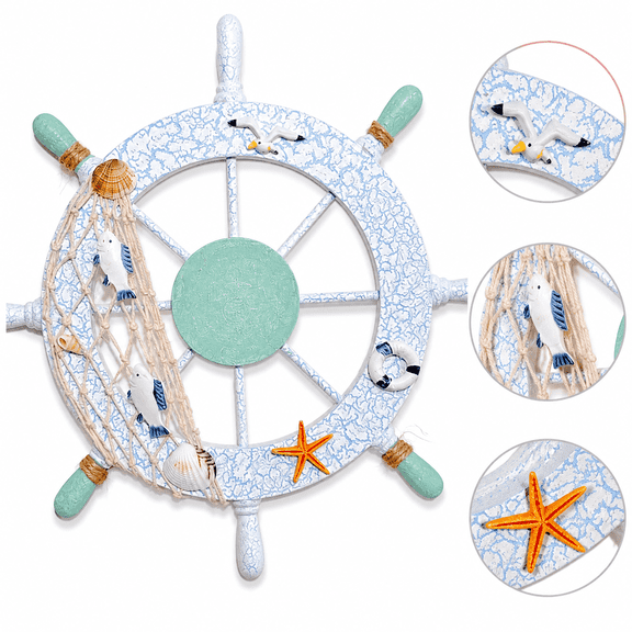 11" Nautical Decor Boat Steering Wheel, Coastal Wall Art with Fishing Net, Shell and Fish Design, Vintage Wooden Beach Wall Decor, Rustic Beach Room Decor Home Decoration for Ocean Themed Wall Decor