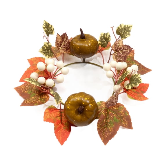 11" Neutral Fall Candle Ring, Fall Candle Rings Maple Leaves Pumpkin Candle Wreaths Candle Holders Small Candlestick Autumn Wreath Rings for Thanksgiving Harvest Halloween Farmhouse Centerpiece, A