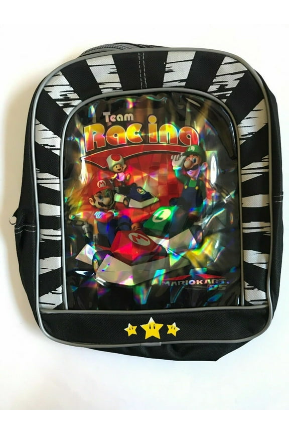 11" Nintendo Wii MARIOKART Backpack Team Racing Black Silver Reflective