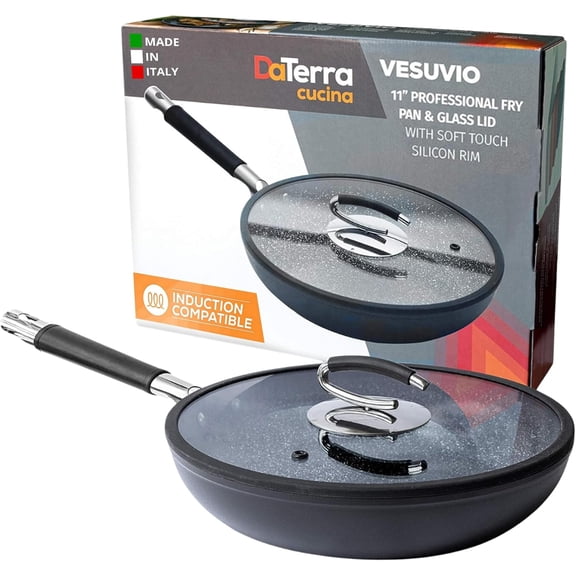 11" Nonstick Ceramic Frying Pan with Lid Oven & Induction Safe, High Heat Resistant Nonstick Cookware, Dishwasher Safe, Durable & Stylish - Volcanic Black Speckled Made in Italy