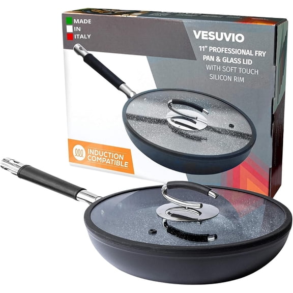 11" Nonstick Ceramic Frying Pan with Lid - Oven & Induction Safe, High Heat Resistant Nonstick Cookware, Dishwasher Safe, Durable & Stylish - Volcanic Black Speckled -