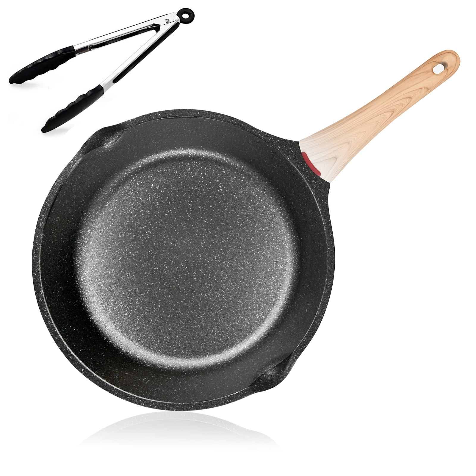 11 Nonstick Frying Pan with Tong for Cooking, Omelette Pan Skillets, Deep  Saute Pans, Woks & Stir-fry Cookware for Gas, Electric Stove, Induction  Top, Light Wooden Handle 