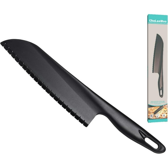 11" Nylon Knife for Nonstick Pans, Plastic Serrated Kitchen Cutter to Cut Cake Brownie Pie Lasagna or Various Veggies and Fruits, Non-Metal Salad or Lettuce Knife, Black