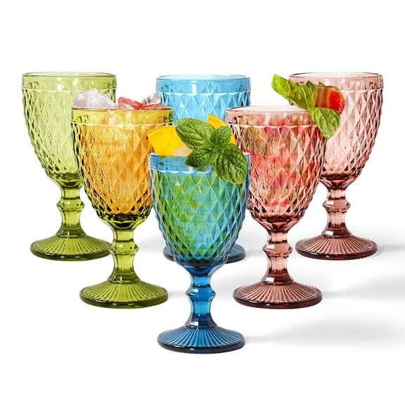 11 OZ Drinking Wine Goblets Glassware set of 6 Vintage Stemware for Wedding Party Bar Diamond pattern cy01