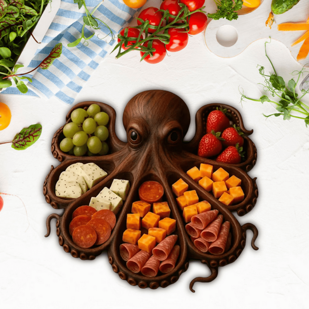 Plateau De Service Pieuvre - Planche à Charcuterie Nautique, Bois, Pour Apéro Ou Fêtes
