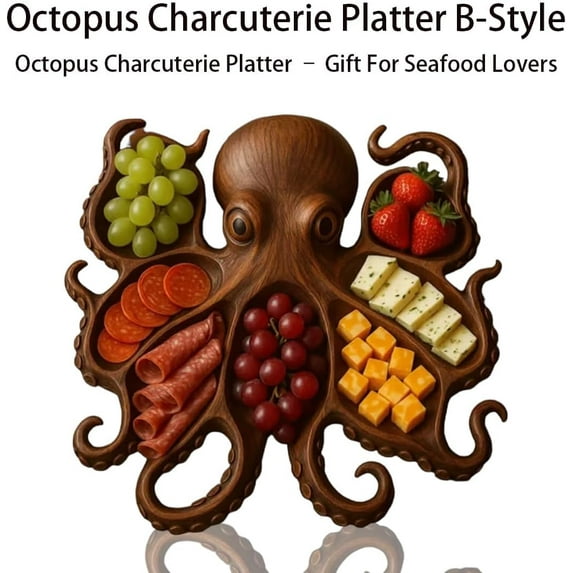 11" Octopus Charcuterie Platter,Ocean Themed Cheese Bread Board,Unique Octopus Design Wood Serving Tray,Gift For Seafood Lovers & Entertainers(A)